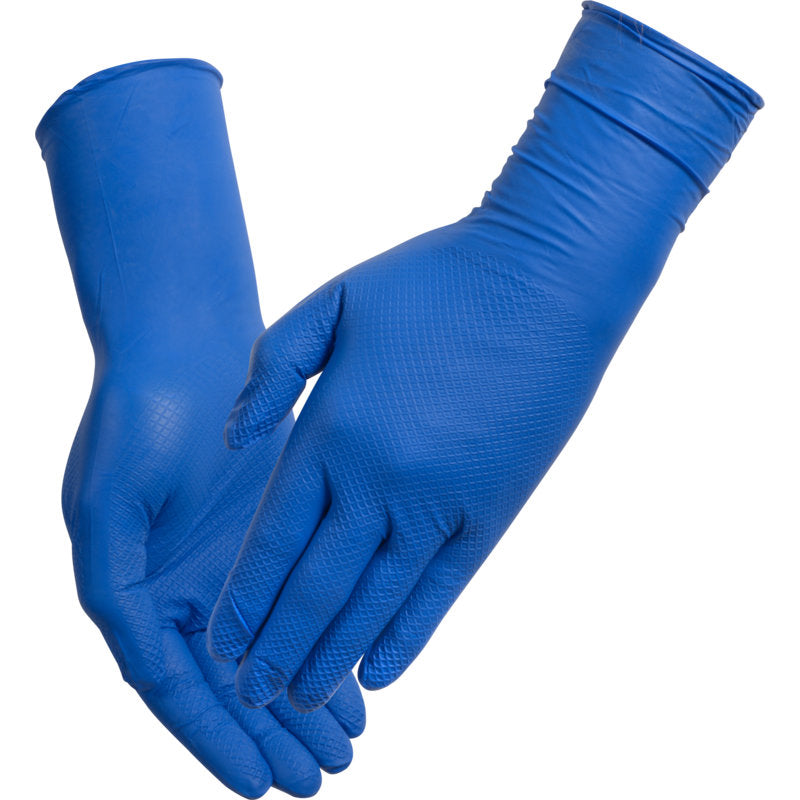 Ein Paar blaue Thor Ultra Grip Long Nitril-Handschuhe von Abena Re-Seller GmbH, 30 cm lang mit strukturierter Oberfläche, abgebildet an den Händen mit den Handflächen zueinander getragen.