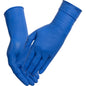 Ein Paar Hände, die Abena Re-Seller GmbH Thor Ultra Grip Long Nitril-Handschuhe, 30 cm, Blau, tragen, sind mit den Handflächen nach oben und leicht überlappend vor einem weißen Hintergrund dargestellt.