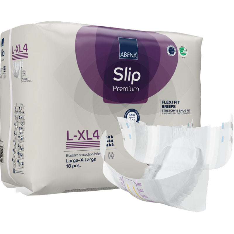 Eine Packung ABENA Slip Flexi Fit M-L Premium der Abena Re-Seller GmbH in weißer und violetter Verpackung mit ungefaltetem Slip-Design, flexibler Passform und Premium-Qualität.