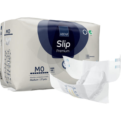 Eine Packung ABENA Slip Premium Blasenschutzslips der Abena Re-Seller GmbH, mittlere Größe, 27 Stück. Auf der Vorderseite ist ein weißer Slip mit blauen und grauen Akzenten abgebildet, der seine Form und das Design der Inkontinenzversorgung hervorhebt.