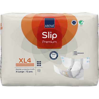 Eine Packung ABENA Slip Premium von Abena Re-Seller GmbH, Größe X-Large (XL4), enthält 12 Slips für Inkontinenz. Die weiße Verpackung ist mit orangefarbenen und blauen Akzenten versehen und zeigt Abbildungen des Slips und der Produkteigenschaften.
