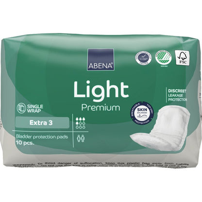 Eine grün-weiße Packung ABENA Light Extra 3, Premium von Abena Re-Seller GmbH, enthält 10 Stück Blasenschutzeinlagen. Die Verpackung zeigt die Eigenschaften und ein Bild der Einlage auf der rechten Seite für den täglichen Komfort.