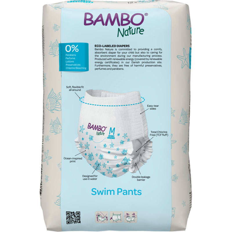Ein 12er-Pack Bambo Nature Schwimmwindeln, Gr. M (12+ kg) von Abena Re-Seller GmbH: weiße Windeln mit blauem Seesternmotiv, öko-gelabelt und frei von Parabenen, Lotionen und Duftstoffen.