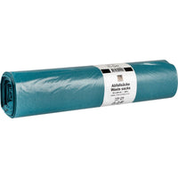 Eine aufgerollte Packung Abena Re-Seller GmbH Abfallsäcke 120 L (700x1100 mm, 30 my LDPE, blau), 25 Säcke pro Rolle, mit einem weißen Etikett in deutscher und englischer Sprache mit den Angaben "LDPE Abfallsäcke", "Abfallsäcke 120 L" und "Waste sacks.