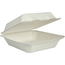 Die MenüBox aus Bagasse (weiß, 22,3x20,1x7,7 cm) von Abena Re-Seller GmbH ist eine umweltfreundliche Einwegbox mit Klappdeckel - ideal für nachhaltiges Takeaway. Die Packung enthält 50 Stück.