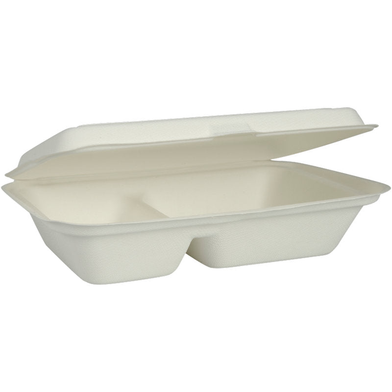 Abgebildet ist eine offene, weiße rechteckige Abena Re-Seller GmbH Menübox (Bagasse, 2-geteilt, 25x16,2x6,3 cm) mit anhängendem Deckel; sie ist biologisch abbaubar und kommt in einer Packung von 50 Stück.