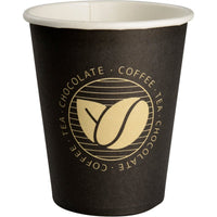 Le gobelet à café « Beans » d'Abena Re-Seller GmbH est un gobelet en carton noir à usage unique, avec un intérieur blanc, une illustration dorée représentant des grains de café et la mention « COFFEE - TEA - CHOCOLATE » répétée en cercle — idéal pour les amateurs de café.