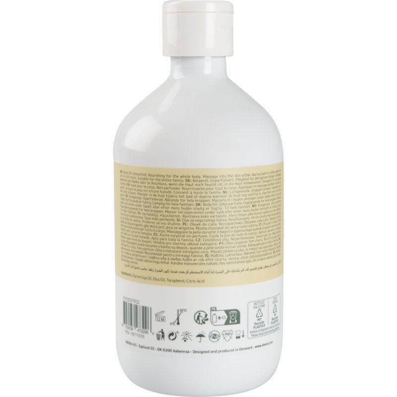 Une bouteille en plastique blanche de l'huile de soin de la peau Abena Re-Seller GmbH (500 ml) avec un bouchon blanc est représentée de dos et montre les informations sur le produit, les ingrédients naturels et des instructions multilingues - idéale pour le soin quotidien de la peau. Au bas de l'étiquette se trouvent des icônes.