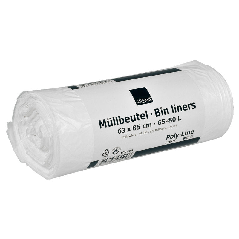 Un rouleau de sacs poubelle Abena Re-Seller GmbH 65-80 L, 630x850 mm, 8 my HDPE en blanc (40 sacs), étiqueté avec "Müllbeutel - Bin liners" en allemand et en anglais, présenté sur fond blanc.