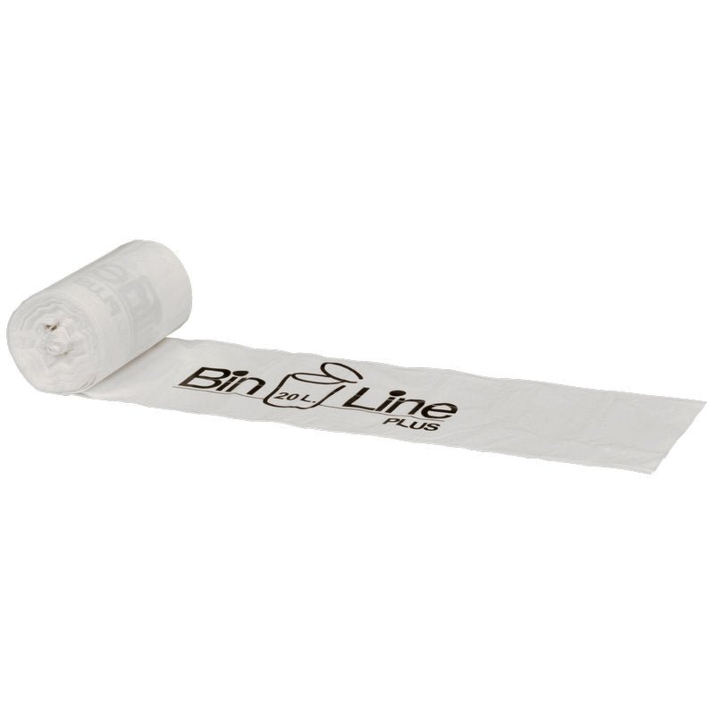 L'image montre un rouleau partiellement déroulé de sacs Bin Line Plus 20L d'Abena Re-Seller GmbH (355x775 mm, 20 my LLDPE, Blanc) avec "Bin Line 20L PLUS" en lettres noires sur fond blanc. Un rouleau contient 15 sacs poubelle - idéal pour l'élimination des déchets.