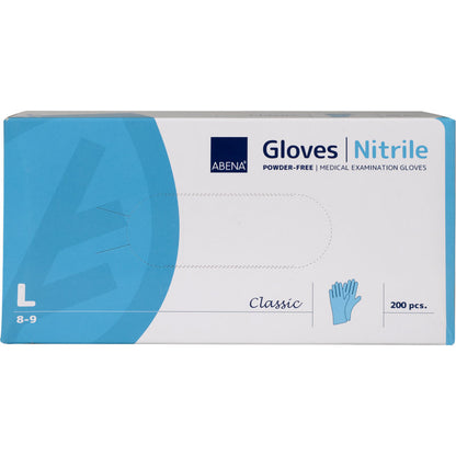 Eine rechteckige Box von Abena Re-Seller GmbH Nitril-Handschuhe Classic, puderfrei, blau, Größe L (8-9), ideal für medizinische Einrichtungen. Die überwiegend blau-weiße Box mit Text und Handschuhsymbol enthält 200 Stück.