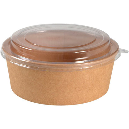 Un bol, 1 100 ml, ø 18,7 cm, Kraft/PE, brun de Abena Re-Seller GmbH avec couvercle en plastique transparent repose sur un fond blanc - idéal pour le stockage des aliments ou à emporter ; disponible en paquets de 50 pièces.