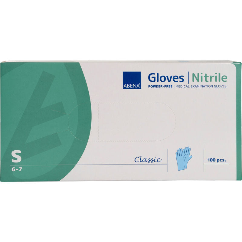 Eine Schachtel von Abena Re-Seller GmbH Nitril-Handschuhe Classic, puderfrei, blau, Größe klein (6-7), medizinische Untersuchungshandschuhe. Enthält 100 Stück in einer meist weißen Schachtel mit grünen und blauen Akzenten.