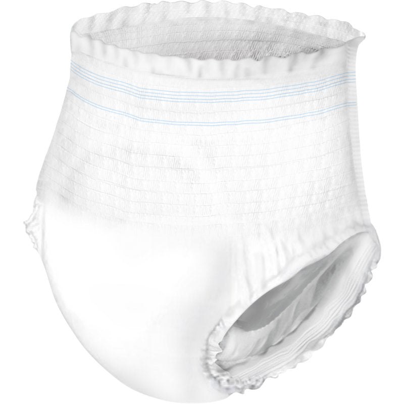 Die ABENA Pants XS1, Premium | Packung (24 Stück) von Abena Re-Seller GmbH ist eine Einweghose für Erwachsene mit elastischem Bund und hellblauen Linien, entwickelt für eine optimale Inkontinenzversorgung. Abgebildet auf einfarbigem Hintergrund.