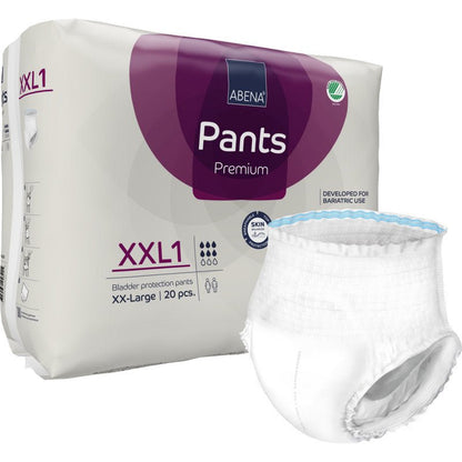 Un paquet de ABENA Pants XXL1, Premium de Abena Re-Seller GmbH (20 pièces), culottes jetables pour adultes, taille XXL1, idéal pour l'incontinence et les besoins bariatriques. Une couche blanche est présentée dépliée devant le paquet.