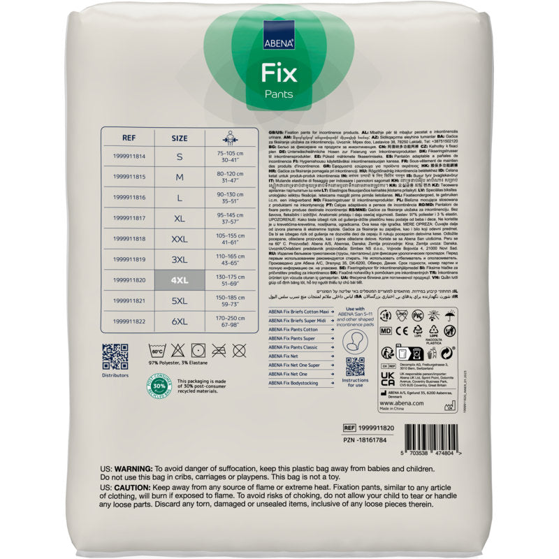 Die Rückseite der Fixierhosen ABENA Fix, Pants, Super von Abena Re-Seller GmbH zeigt eine Größentabelle, Produktcodes, Zertifizierungen, Gebrauchsanweisungen, Warnhinweise und Herstellerangaben in schwarzer auf weißer Beschriftung.