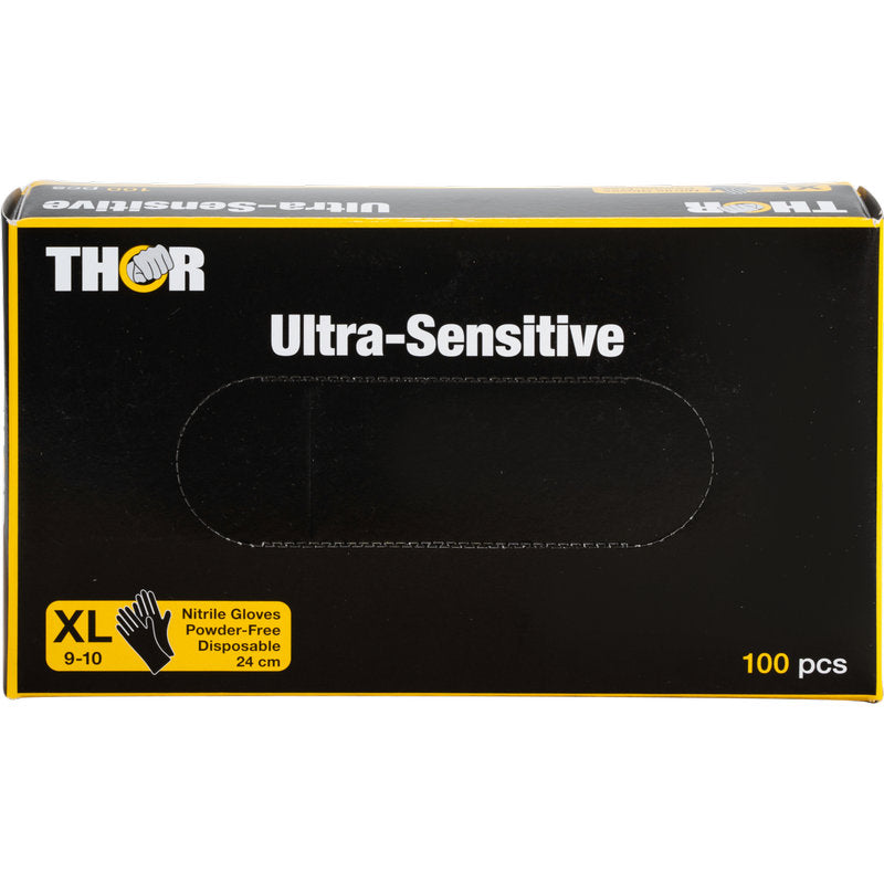 Eine Schachtel Abena Re-Seller GmbH Thor Ultra Sensitive Nitril-Handschuh, Schwarz, Größe XL (9-10), puderfrei, Einweg, 24 cm, 100 Stück. Die schwarze Schachtel hat weiß/gelbe Schrift und ein Handschuhsymbol.