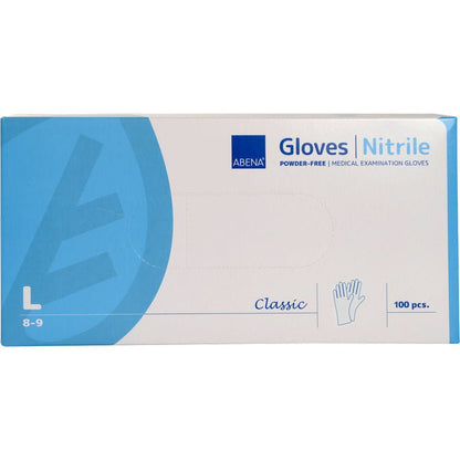 Eine Box Abena Re-Seller GmbH Nitril-Handschuhe Classic, puderfrei, weiß, Größe L (8-9), enthält 100 medizinische Einweghandschuhe. Die blau-weiße Verpackung zeigt Handschuhabbildung und Größenangabe.