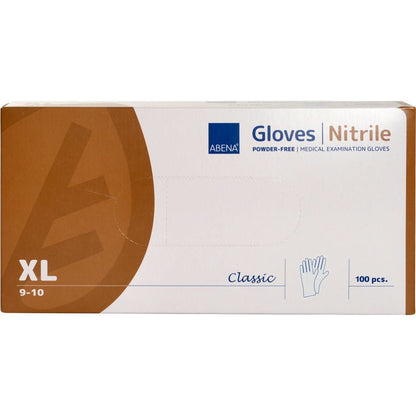 Eine Schachtel Abena Re-Seller GmbH Nitril-Handschuhe, Classic, Puderfrei, Weiß, Größe XL (9-10). Die schlichte weiß-braune Schachtel enthält 100 medizinische Einweghandschuhe mit Produktinformation und einer Handabbildung.