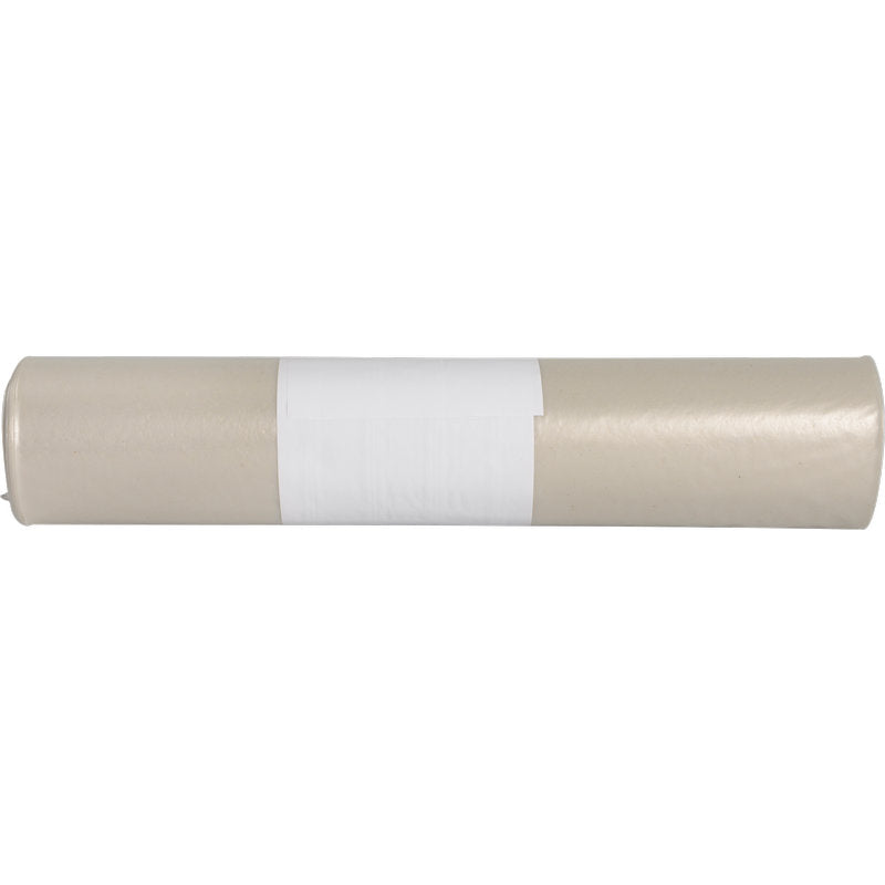 Ein aufgerollter Bogen aus braunem Papier mit der Aufschrift "Abfallsäcke für Sækko Boy 40, 40 my LDPE Recycled" der Abena Re-Seller GmbH ist mit einem weißen Etikett in der Mitte auf weißem Hintergrund abgebildet.