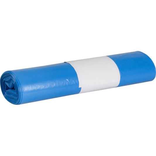 Ein fest aufgerolltes Bündel blauer Plastiksäcke der Abena Re-Seller GmbH Abfallsäcke für Sækko Boy 40 (40 my LDPE recycelt), die mit einem weißen Papierband in der Mitte gesichert sind.