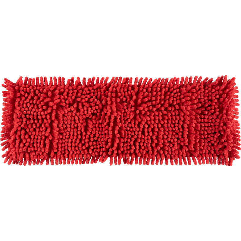 Le balai microfibre ENA Chenille de Abena Re-Seller GmbH est un balai rectangulaire rouge avec des brins en microfibre en forme de nouilles denses pour un nettoyage efficace sur fond blanc.