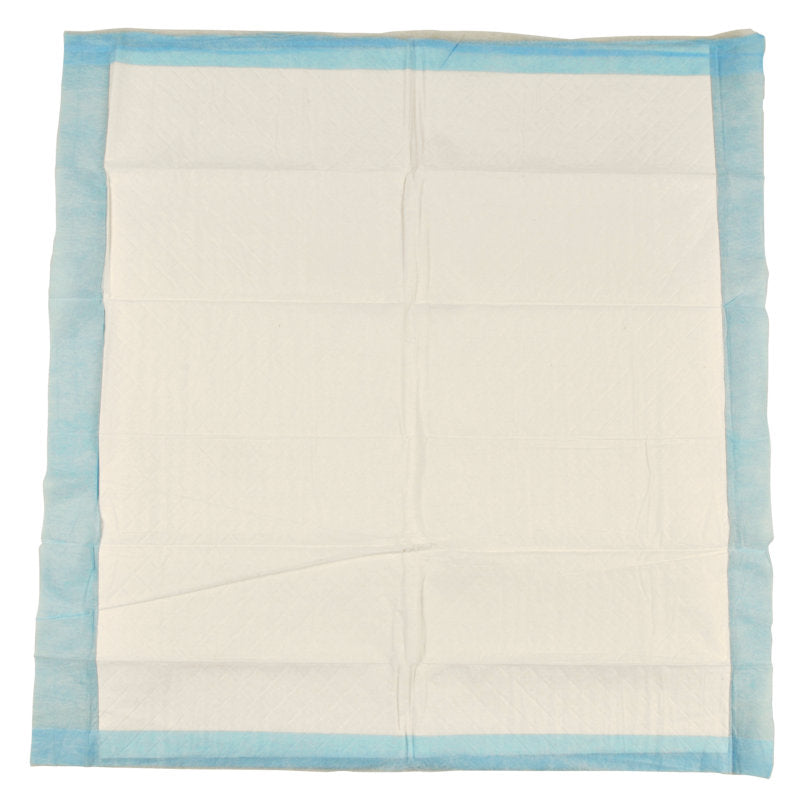 Eine ABENA Tissue Einweg-Unterlage (6-lagig, 60x60 cm) von Abena Re-Seller GmbH, mit weißer Mitte und blauen Rändern, ist flach auf einem unifarbenen Hintergrund abgebildet. Die Packung enthält 25 Paare.