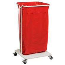 Le Sækko Boy 120 d'Abena Re-Seller GmbH est un panier à linge mobile et peu encombrant avec un cadre blanc, quatre roulettes pivotantes et un grand sac rouge - parfait comme support de sac à déchets de 120 litres pour collecter le linge ou les déchets.