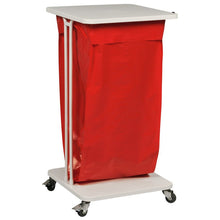Le panier à linge Sækko Boy 120 de Abena Re-Seller GmbH a un cadre en métal blanc, un sac rouge, un couvercle et quatre roulettes. Emballé dans un carton (1 paquet).