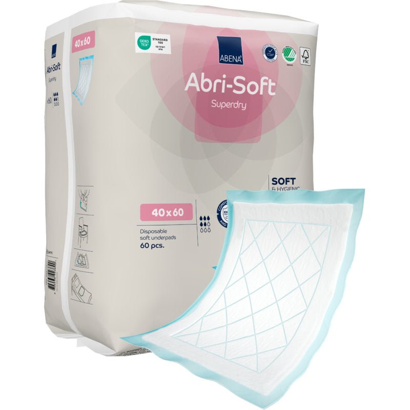 Eine Packung der Abena Re-Seller GmbH Einweg-Unterlage, Abri-Soft Superdry, Blau, 40x60 cm, 60 Stück-ideal für Pflegeeinrichtungen. Eine Unterlage mit weißer Saugfläche und blauen Rändern ist außerhalb der Packung sichtbar.