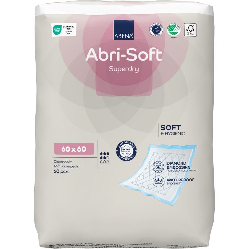 Eine 60er Packung Abena Re-Seller GmbH Einweg-Unterlage, Abri-Soft Superdry, Blau (60 x 60 cm) bietet Weichheit, Hygiene, eine wasserdichte Schicht und eine Rautenprägung - ideal als Inkontinenzeinlage.