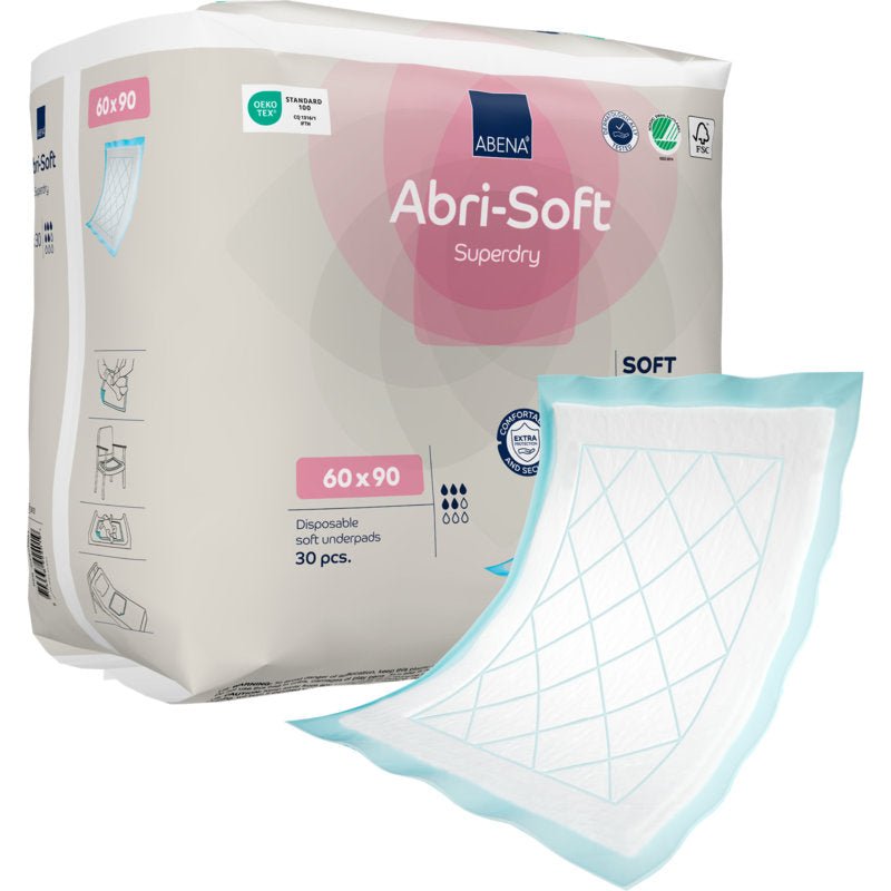 Abgebildet ist eine Packung der Abena Re-Seller GmbH Einweg-Unterlage, Abri-Soft Superdry, Blau (60x90 cm) mit einer einzelnen rechteckigen Unterlage, die vorne einen blauen Rand hat; die Packung enthält 30 Stück.