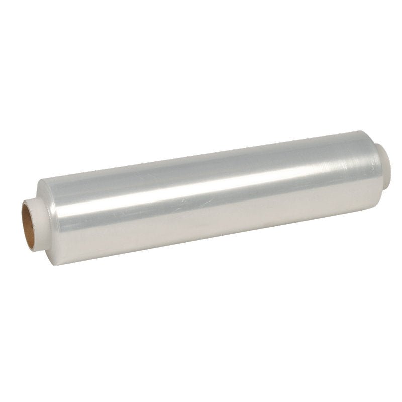 Eine Rolle Abena Re-Seller GmbH Frischhaltefolie, PE, Unperforiert, Lose Rollen mit Pappkern, ideal für Lebensmittelaufbewahrung, abgebildet auf einem schlichten weißen Hintergrund.