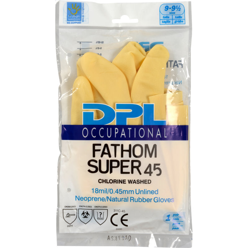 Ein versiegeltes Paket mit gelben "Haushaltshandschuhen Latex, Gelb, Neopren" der Abena Re-Seller GmbH, beschriftet als ungefütterte Neopren/Naturkautschuk-Reinigungshandschuhe, chlorgewaschen, 18 mil/0,45 mm.