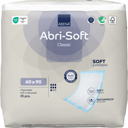 Eine 25er-Packung der Abena Re-Seller GmbH Einweg-Unterlage Abri-Soft Classic, 60x90 cm, blau bietet Weichheit, Hygiene, wasserdichte Unterlage und zusätzliche Saugfähigkeit.