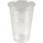 Un gobelet transparent, PP, 20 cl de Abena Re-Seller GmbH se tient droit devant un fond blanc simple. Le gobelet a un bord légèrement évasé et des rainures horizontales autour du corps. Livré en paquets de 100 pièces.