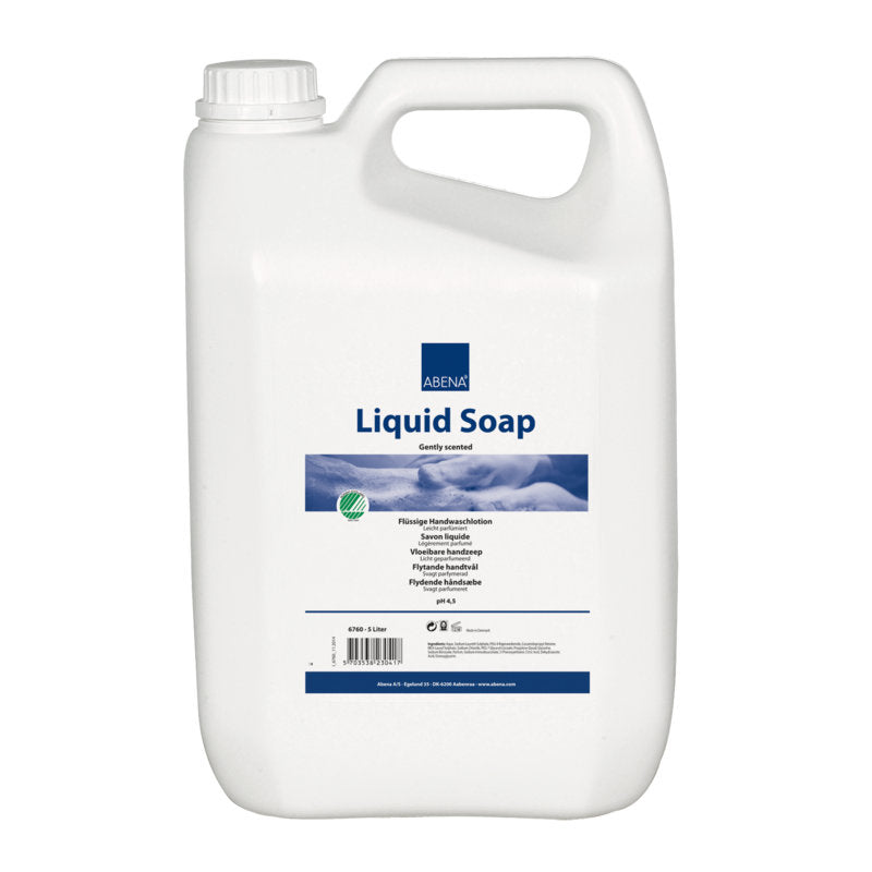 Ein großer weißer Kunststoffbehälter mit Griff und Schraubverschluss, beschriftet mit "Abena Re-Seller GmbH Flüssige Handseife, leicht parfümiert". Das mehrsprachige Etikett gibt Auskunft über das Produkt.