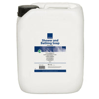 Weiße 5.000-ml-Kunststoffflasche mit schwarzer Kappe und der Aufschrift "Abena Re-Seller GmbH Dusch- und Badeseife, leicht parfümiert" sowie blauer und weißer Schrift mit Anwendungshinweisen. Verkauft im Karton (2 Packungen).
