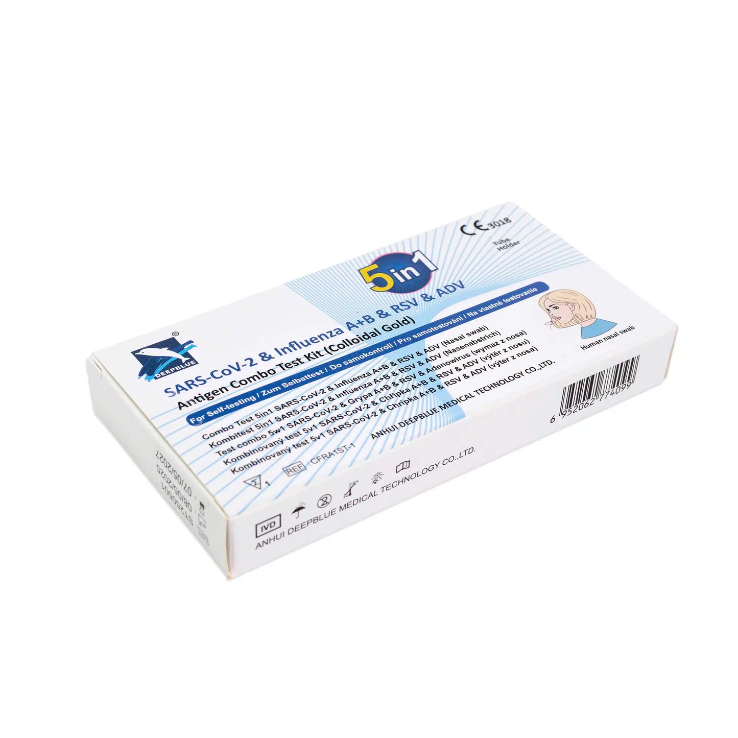Le test rapide antigénique Altruan DeepBlue Combo 5in1 (SARS-CoV-2, grippe A+B, VRS & adénovirus) est livré dans un emballage rectangulaire bleu et blanc avec instructions et détails du produit. L'emballage contient 1 pièce.
