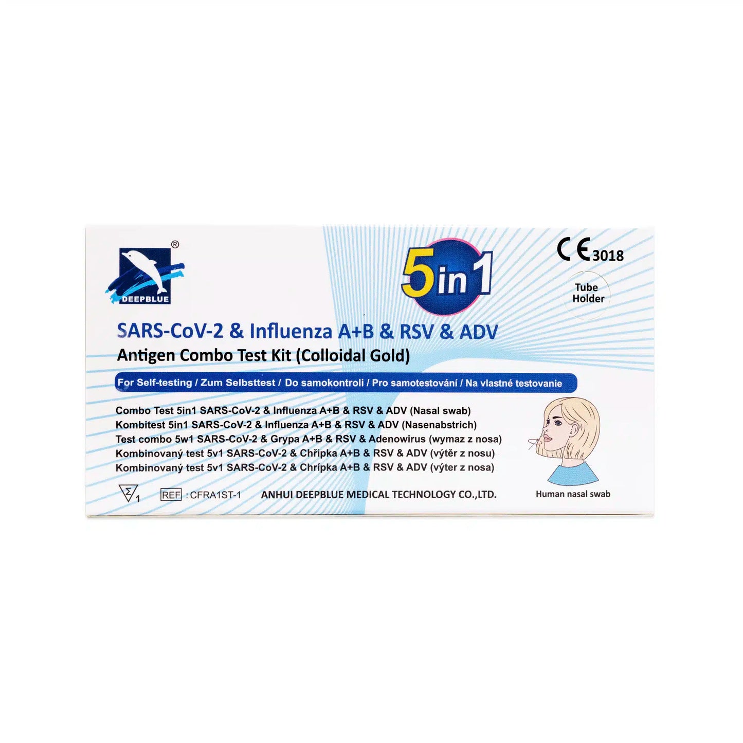 Une boîte blanche avec l'inscription "DeepBlue Combo 5in1 - Test rapide antigénique - SARS-CoV-2, grippe A+B, VRS & adénovirus | Altruan" propose un autotest pratique par écouvillonnage nasal (1 pièce) pour plusieurs virus. Texte et logos bleus complètent le design.