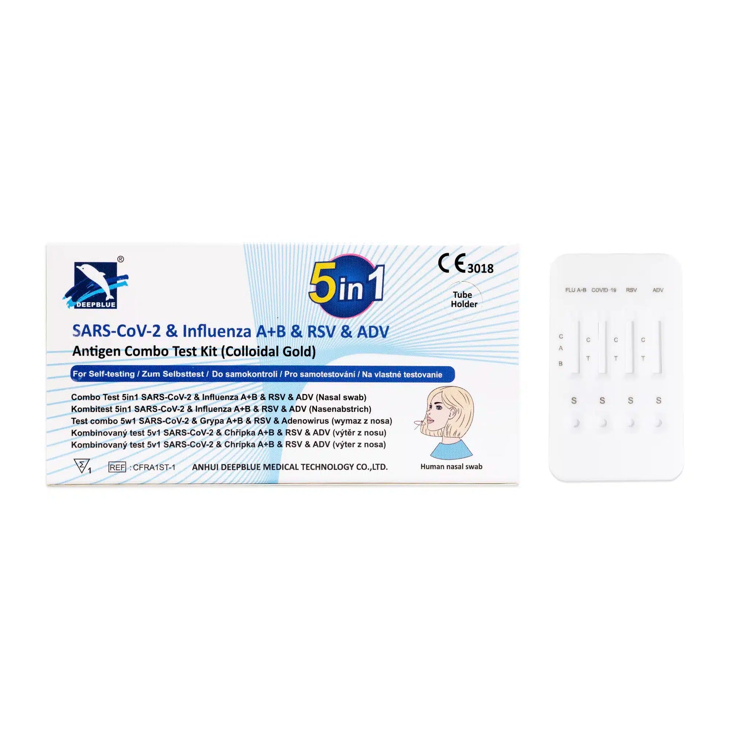 Le test rapide antigénique Altruan DeepBlue Combo 5in1 (1 pièce) teste le SARS-CoV-2, la grippe A+B, le VRS et l'adénovirus. L'emballage contient une notice d'information et des bandelettes de test transparentes avec des puits d'échantillons pour une lecture facile des résultats.