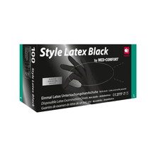 Schachtel mit Einweg-Untersuchungshandschuhen aus Latex AMPri Style Latex Black von AMPri Handelsgesellschaft mbH. Die Verpackung enthält einen Text in Deutsch und Englisch, der darauf hinweist, dass die Handschuhe unsteril, beidhändig tragbar und in Größe L sind. Auf der Schachtel ist ein Bild einer behandschuhten Hand abgebildet.
