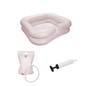 L'article discontinué : Lavabo AMPri avec dispositif de douche et pompe, gonflable par AMPri Handelsgesellschaft mbH avec pompe à main et sac d'eau est présenté pour le lavage des cheveux en position allongée sur fond blanc.