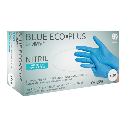 Eine Schachtel AMPri BLUE ECO-PLUS Nitrilhandschuhe puderfrei, Blau Einweg-Untersuchungshandschuhe aus Nitril von AMPri Handelsgesellschaft mbH. Die Schachtel ist gekennzeichnet als puderfrei, latexfrei, unsteril, beidhändig tragbar und enthält 100 Handschuhe. Ideal für die Lebensmittelindustrie, das Bild zeigt eine Hand, die einen blauen Handschuh trägt.