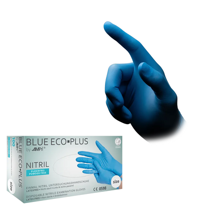 Image d'une main avec un gant en nitrile bleu pointant vers le haut. Sous la main se trouve une boîte « AMPri BLUE ECO-PLUS gants en nitrile sans poudre, bleus » de la société AMPri Handelsgesellschaft mbH. La boîte souligne que ces gants en nitrile jetables sont sans poudre, sans latex et adaptés à un usage unique, ce qui les rend idéaux pour l'industrie alimentaire.
