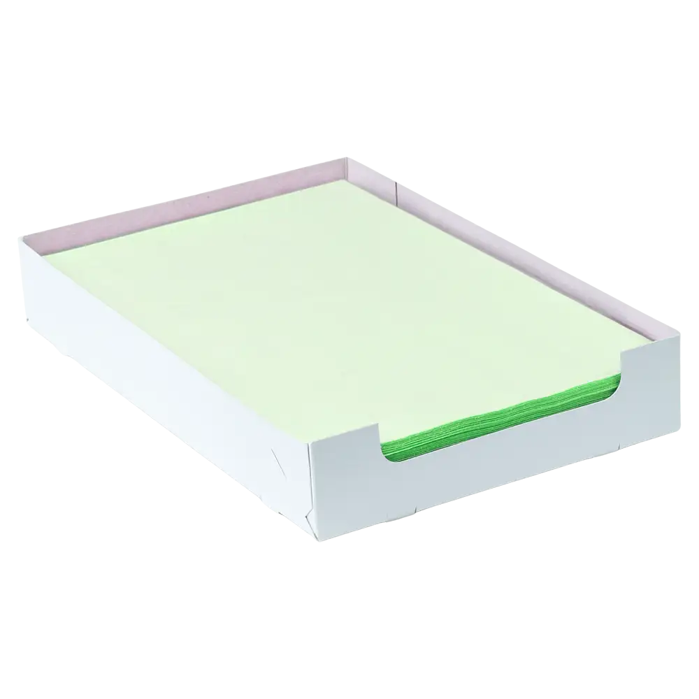 Une pile bien ordonnée de papiers filtres pour plateau en crêpe dentaire vert clair AMPri de format 18 x 28 cm est placée dans une boîte en carton blanche ouverte. Les parois latérales basses de la boîte de la société commerciale AMPri permettent un accès facile aux feuilles supérieures.