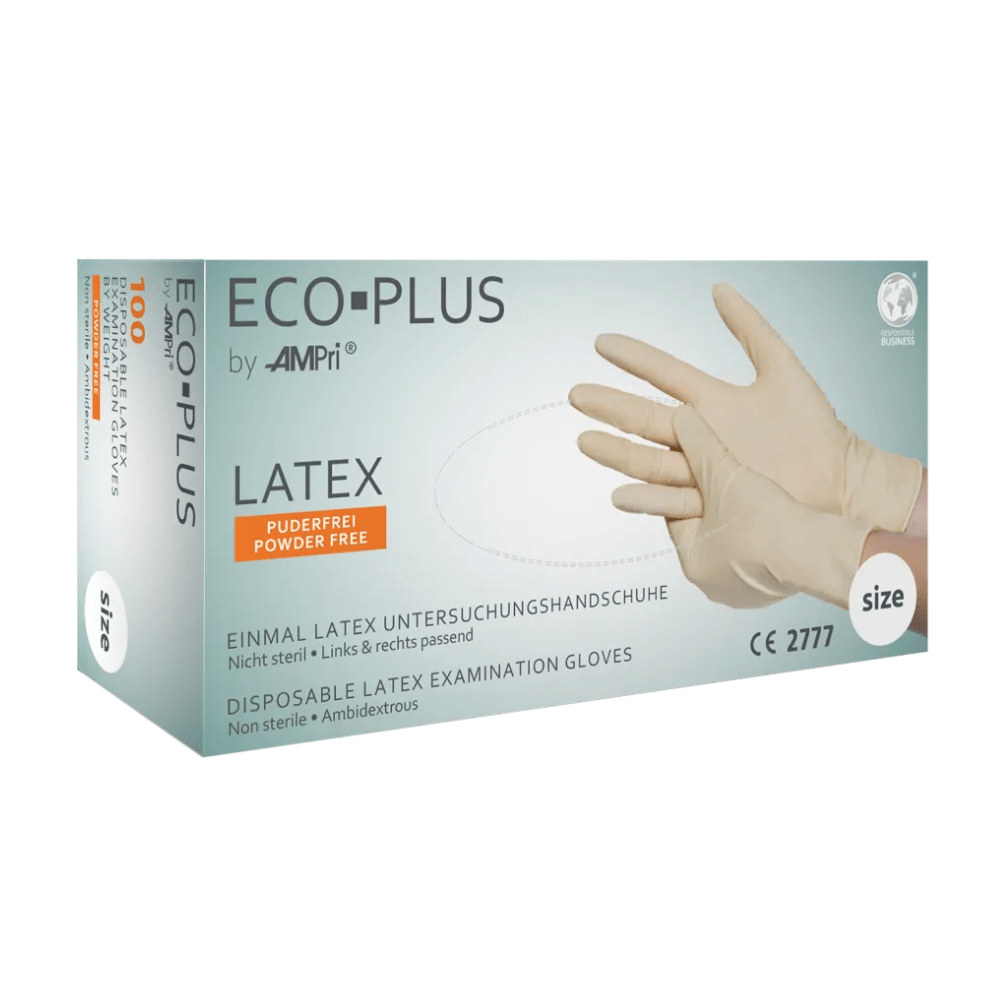 Une boîte de gants en latex AMPri ECO-PLUS sans poudre, blancs de AMPri Handelsgesellschaft mbH. L'emballage montre une image de mains gantées et contient des informations indiquant qu'il s'agit de gants jetables, non stériles, sans poudre et adaptés aux deux mains. La boîte contient également des indications de taille ainsi que diverses certifications et instructions.