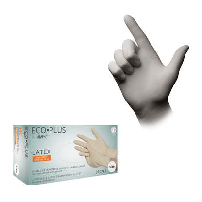 À gauche, une boîte de gants en latex AMPri ECO-PLUS sans poudre, blancs de AMPri Handelsgesellschaft mbH est illustrée. À droite, une main avec l'un des gants est visible, le pouce levé. Le design sur la boîte et le gant est simple, le texte est principalement en allemand.