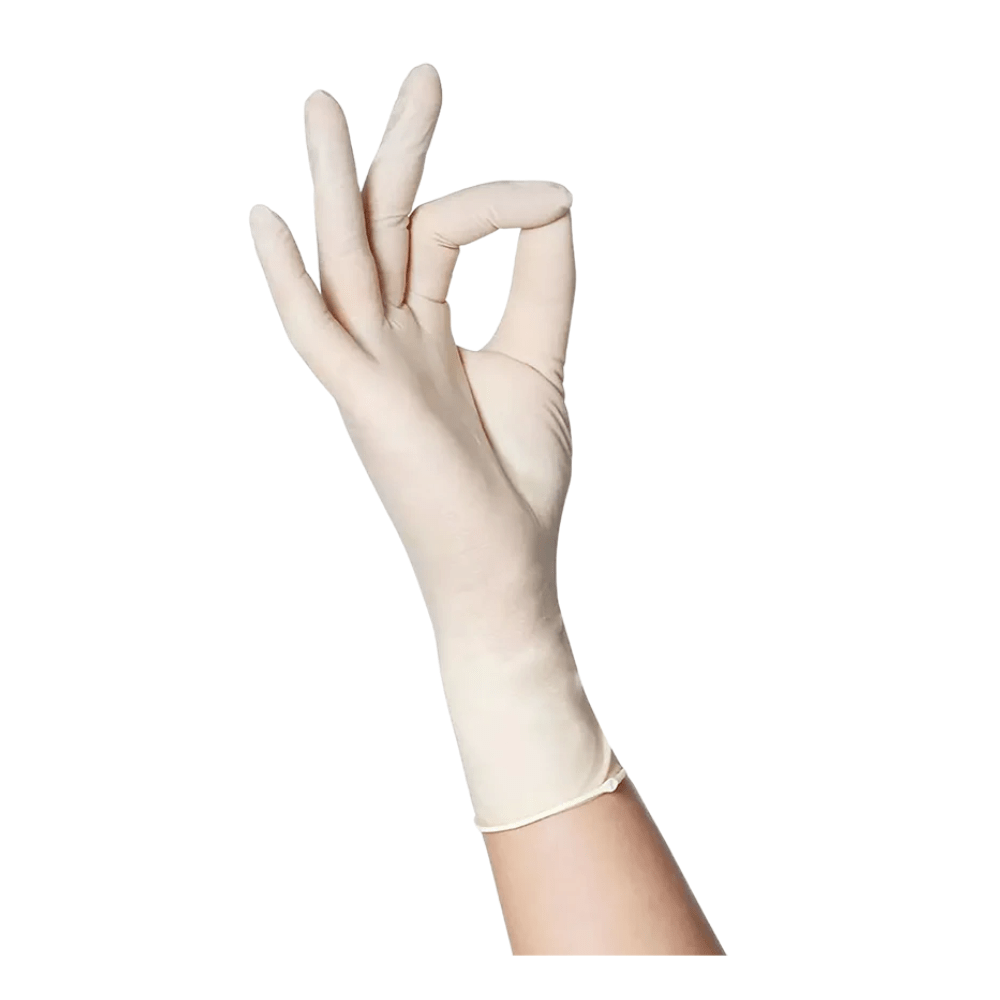 Une main avec un gant en latex AMPri ECO-PLUS sans poudre de AMPri Handelsgesellschaft mbH fait un geste OK, avec le pouce et l'index formant un cercle, tandis que les autres doigts sont tendus. Le gant est blanc.