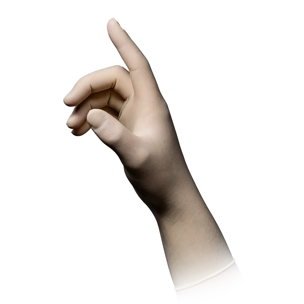 Ein Bild einer rechten Hand mit hellen AMPri MED-COMFORT 300 Latexhandschuhen puderfrei, weiß von AMPri Handelsgesellschaft mbH, die so positioniert ist, dass sich Daumen und Zeigefinger berühren und die anderen Finger leicht gekrümmt sind. Der Hintergrund ist schlicht weiß und hebt die Geste der Hand hervor.